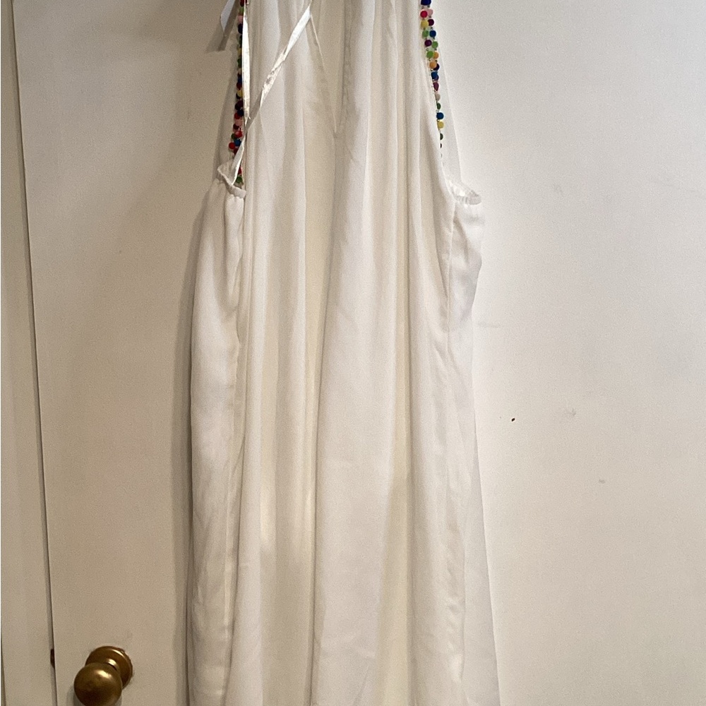 Very J White Sleeveless Dress with Colorful Pompom Trim size large - Picture 2 of 3